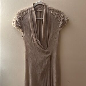 Tan Embellished silk Wrap Midi Dress with Cowl Neck